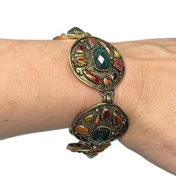 Chico’s Trellis Multicolor Stone Statement Bracelet Antique Gold Tone NWT - Picture 3 of 7